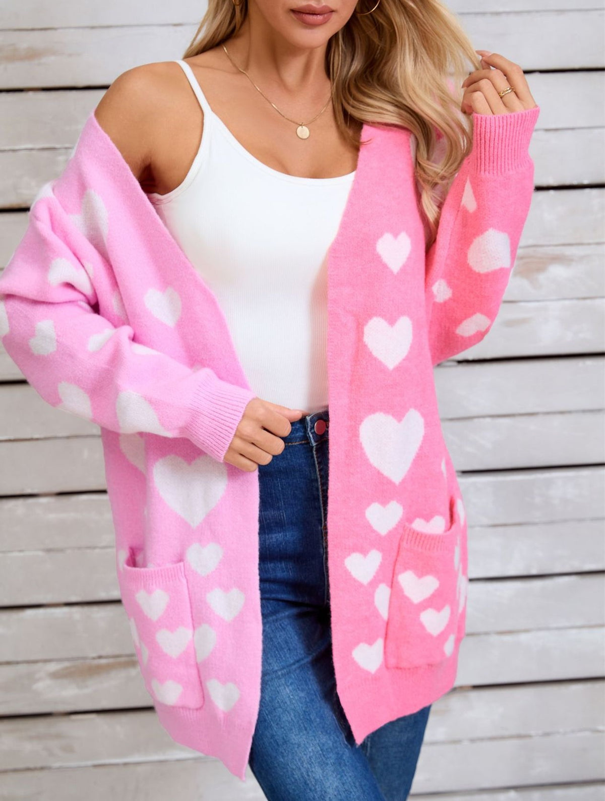 Two Tone Heart Cardigan With Patch Pockets - Pink - 1