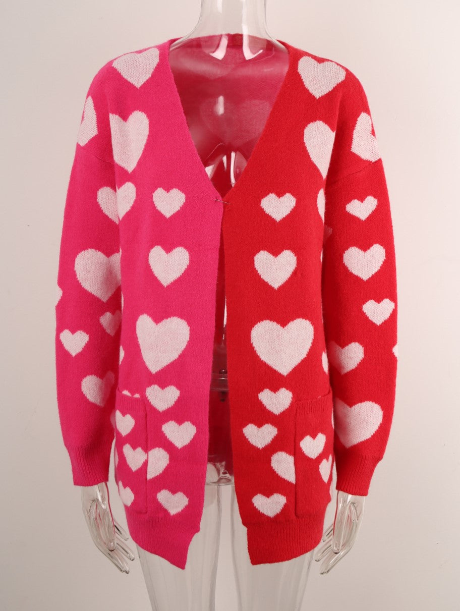 Two Tone Heart Cardigan With Patch Pockets - Rosered