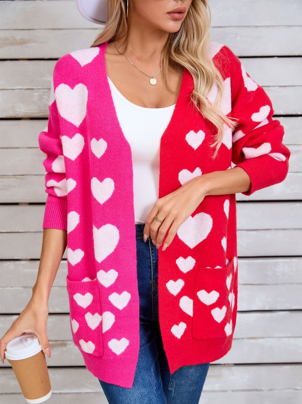 Two Tone Heart Cardigan With Patch Pockets - Rosered - 1