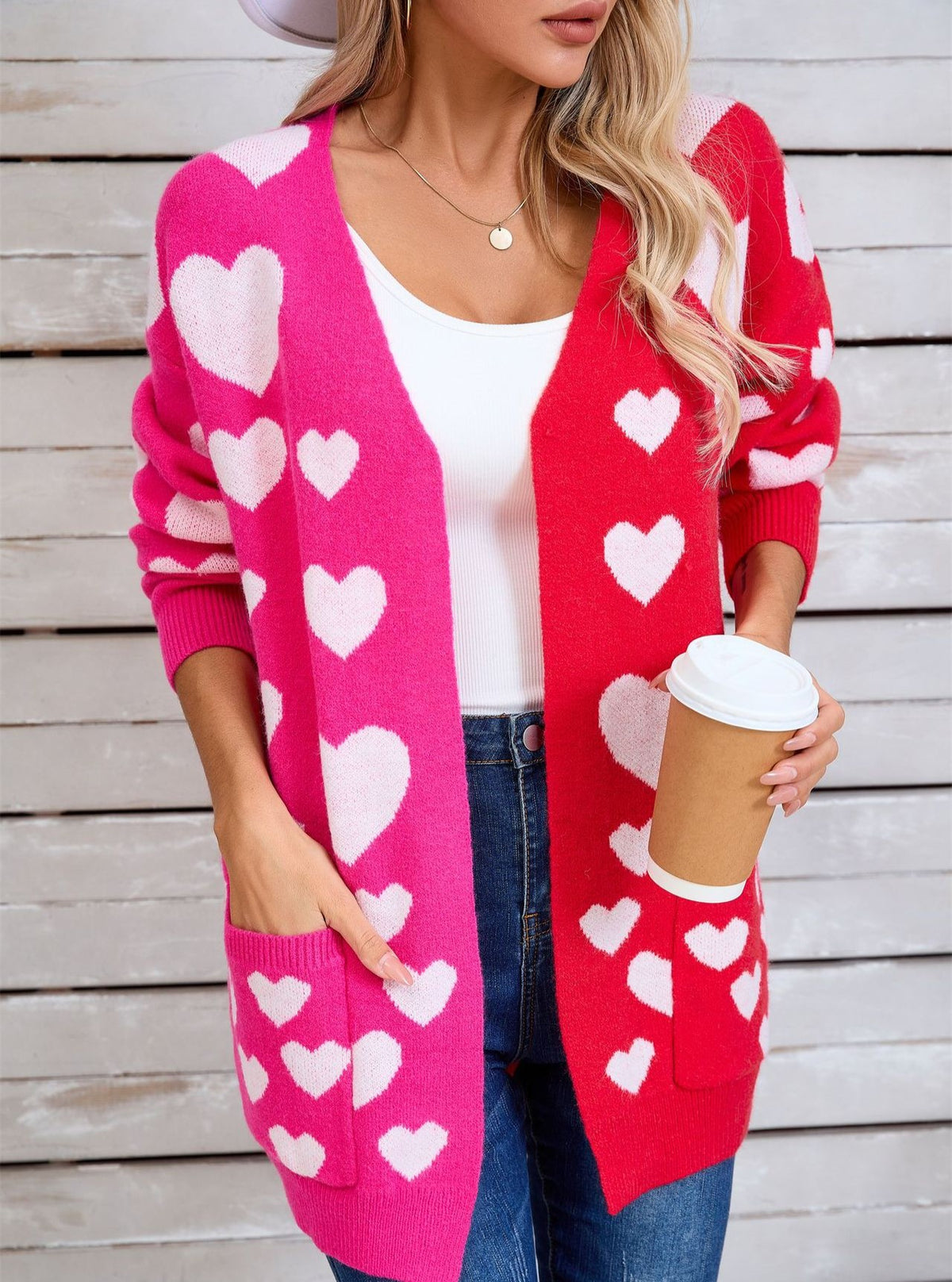 Two Tone Heart Cardigan With Patch Pockets - Rosered - 2