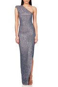 Sequin Column Maxi Dress With Thigh Slit - Grey