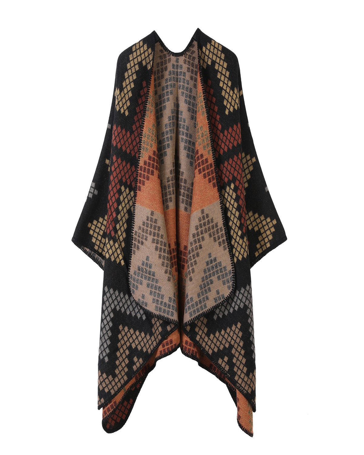 Chevron Knit Open Front Poncho Wrap - Black