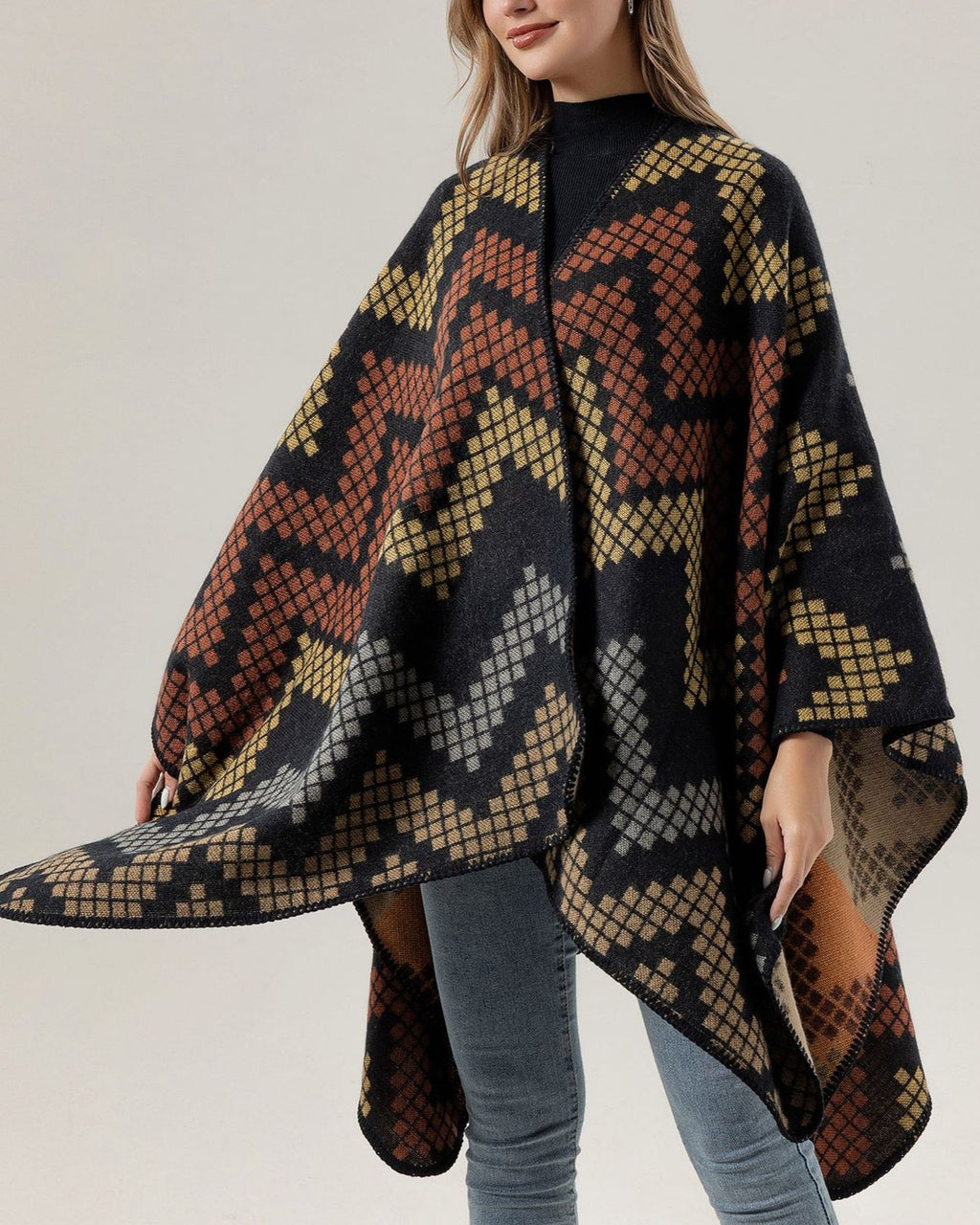 Chevron Knit Open Front Poncho Wrap - Blue