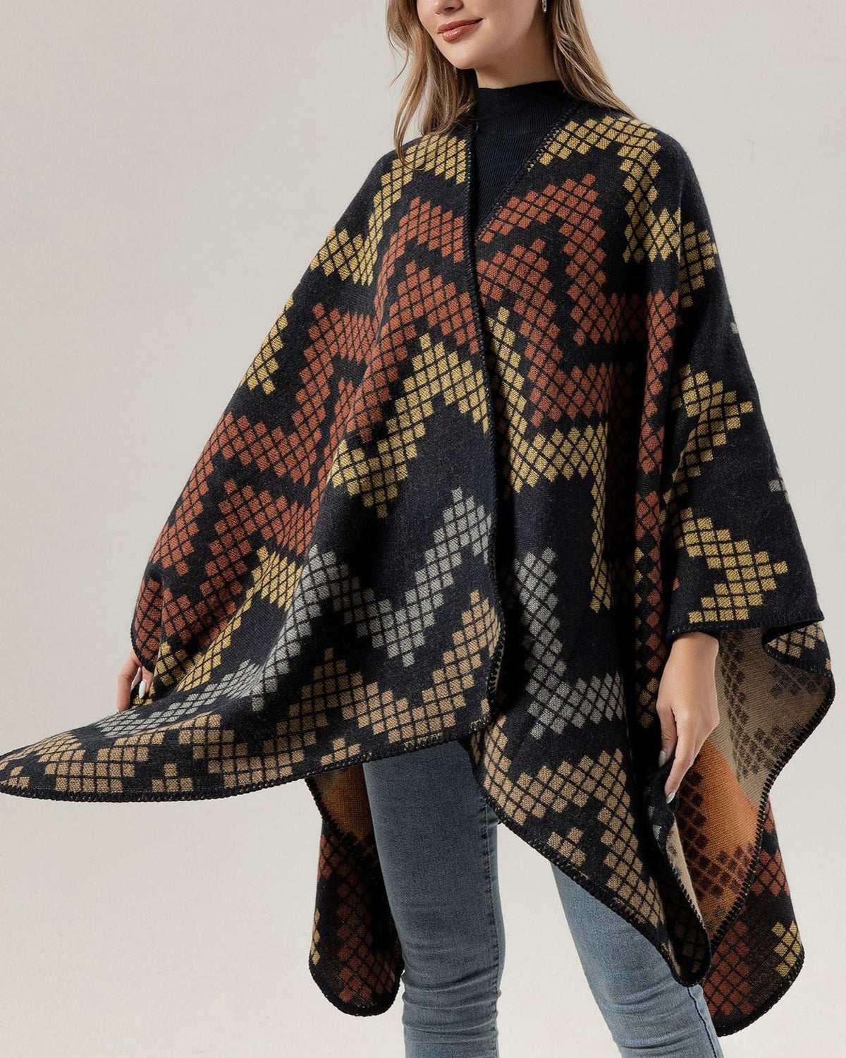 Chevron Knit Open Front Poncho Wrap - Blue
