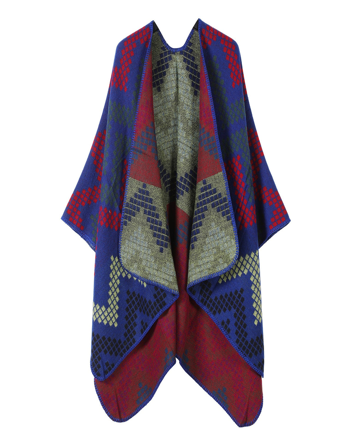 Chevron Knit Open Front Poncho Wrap - Blue - 1