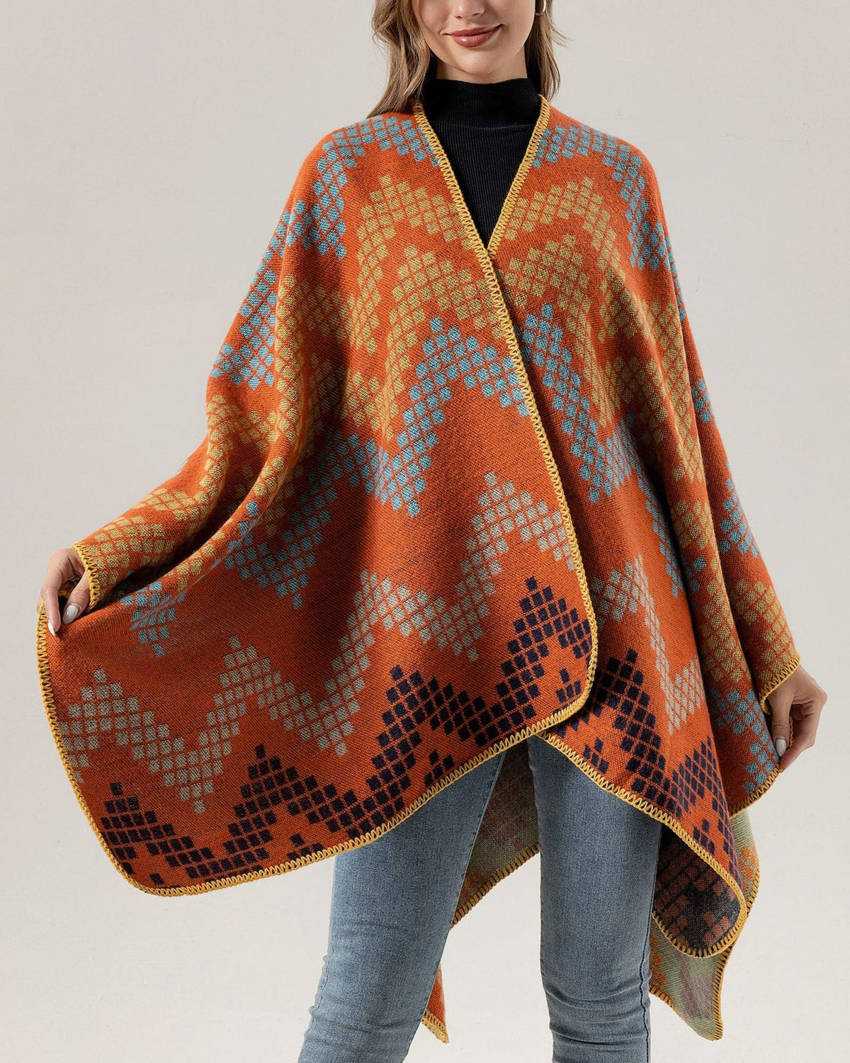 Chevron Knit Open Front Poncho Wrap - Blue - 3