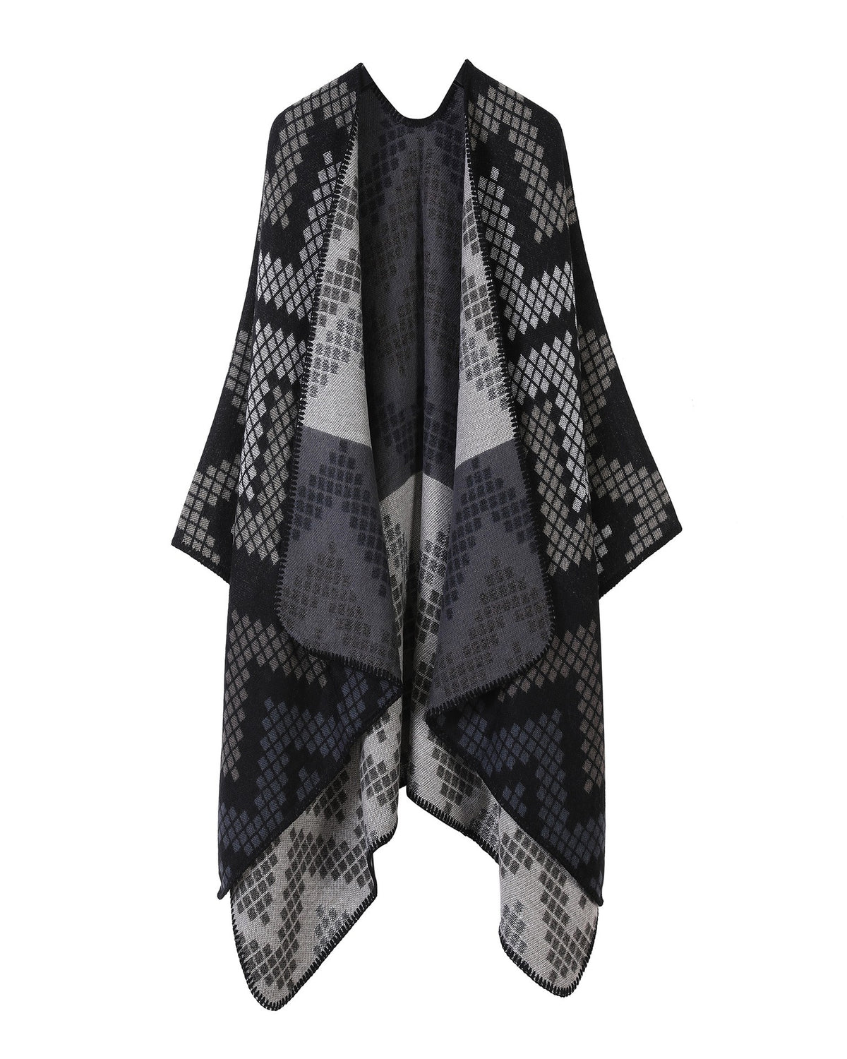 Chevron Knit Open Front Poncho Wrap - Gray