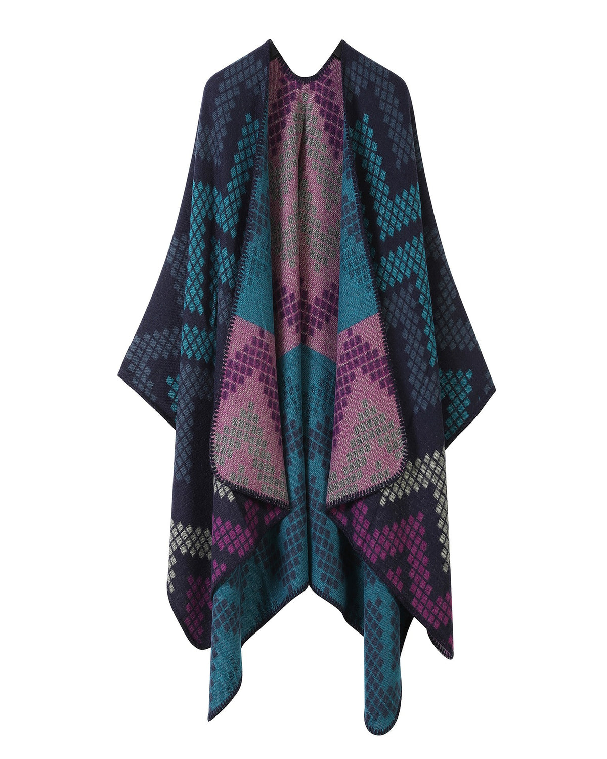 Chevron Knit Open Front Poncho Wrap - Lake-Blue