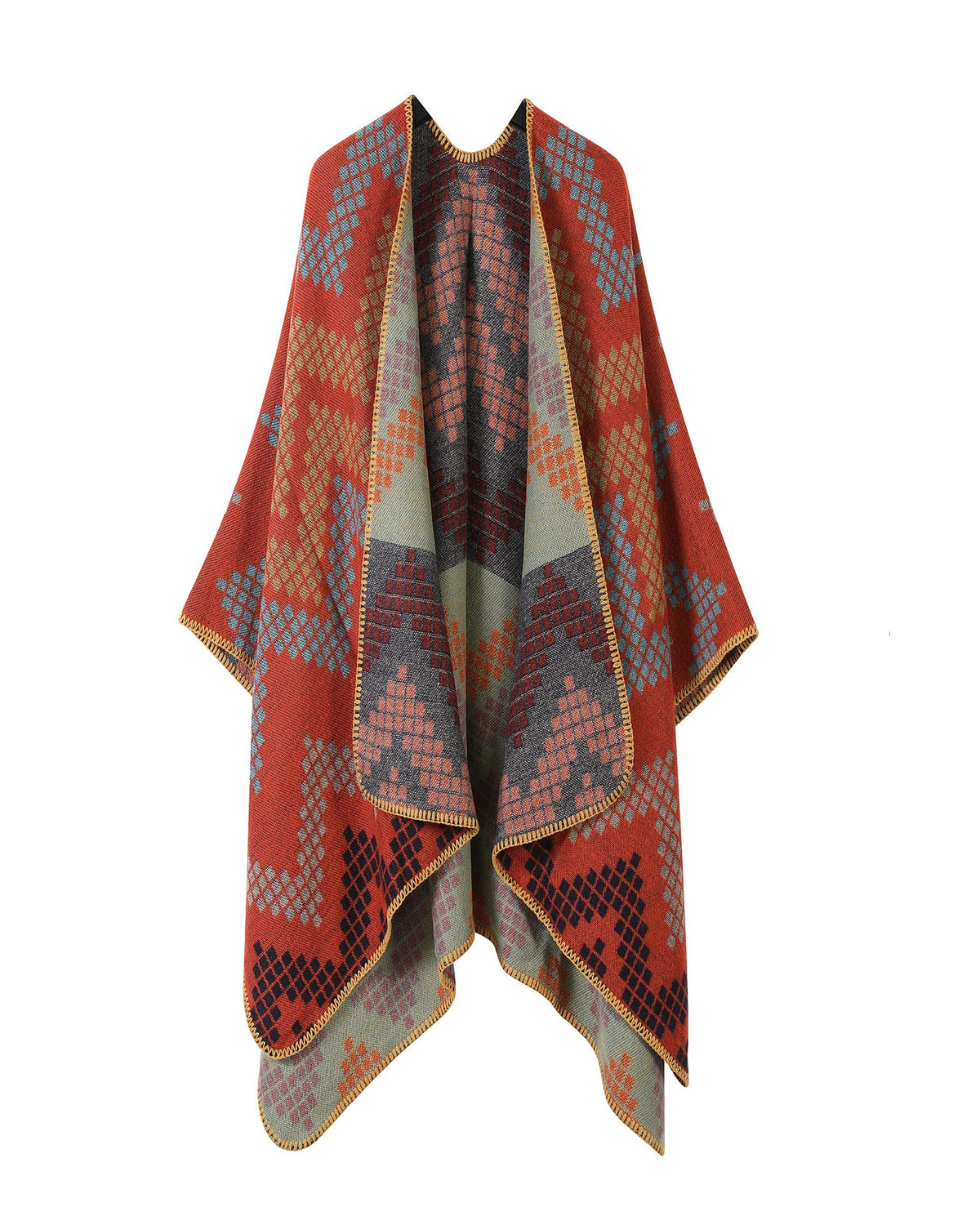 Chevron Knit Open Front Poncho Wrap - Orange