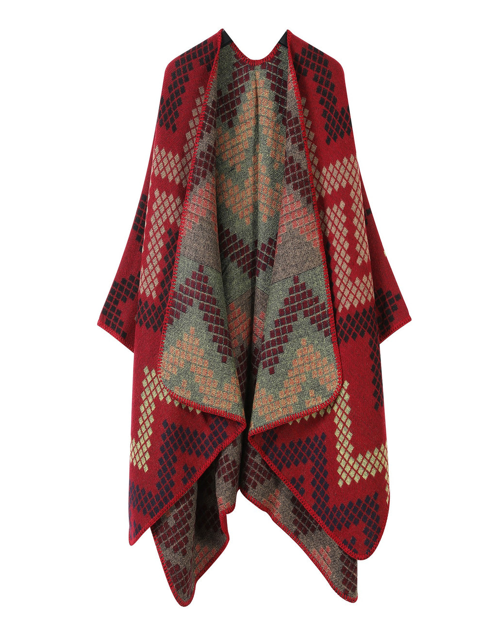 Chevron Knit Open Front Poncho Wrap - Red