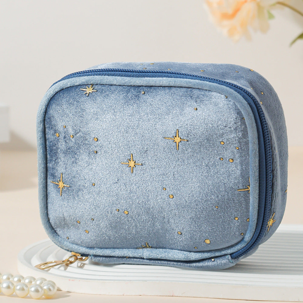 Mini Velvet Cosmetic Pouch With Foil Stars - Blue
