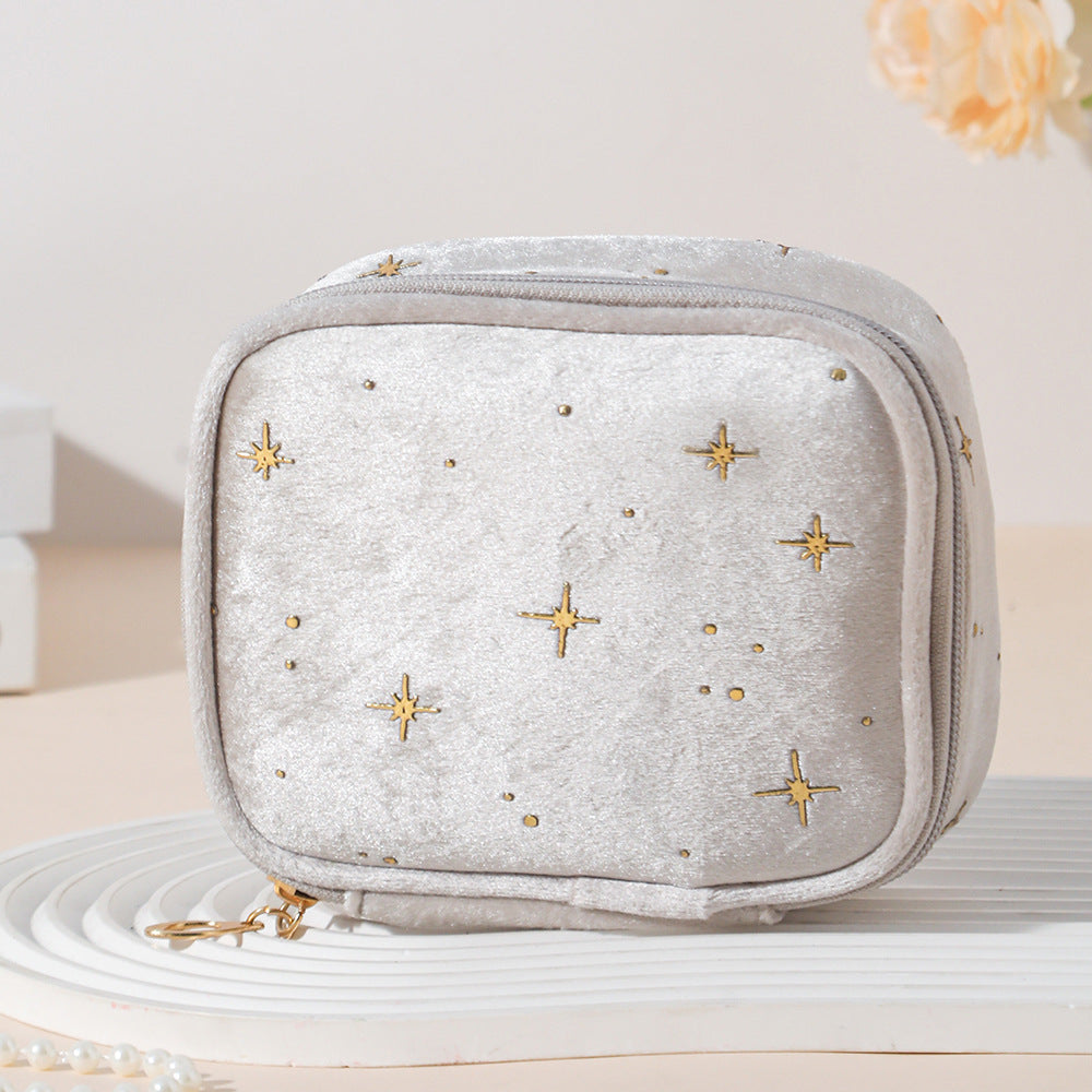 Mini Velvet Cosmetic Pouch With Foil Stars - OffWhite