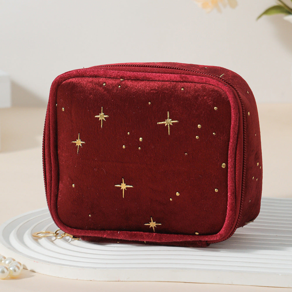 Mini Velvet Cosmetic Pouch With Foil Stars - WineRed