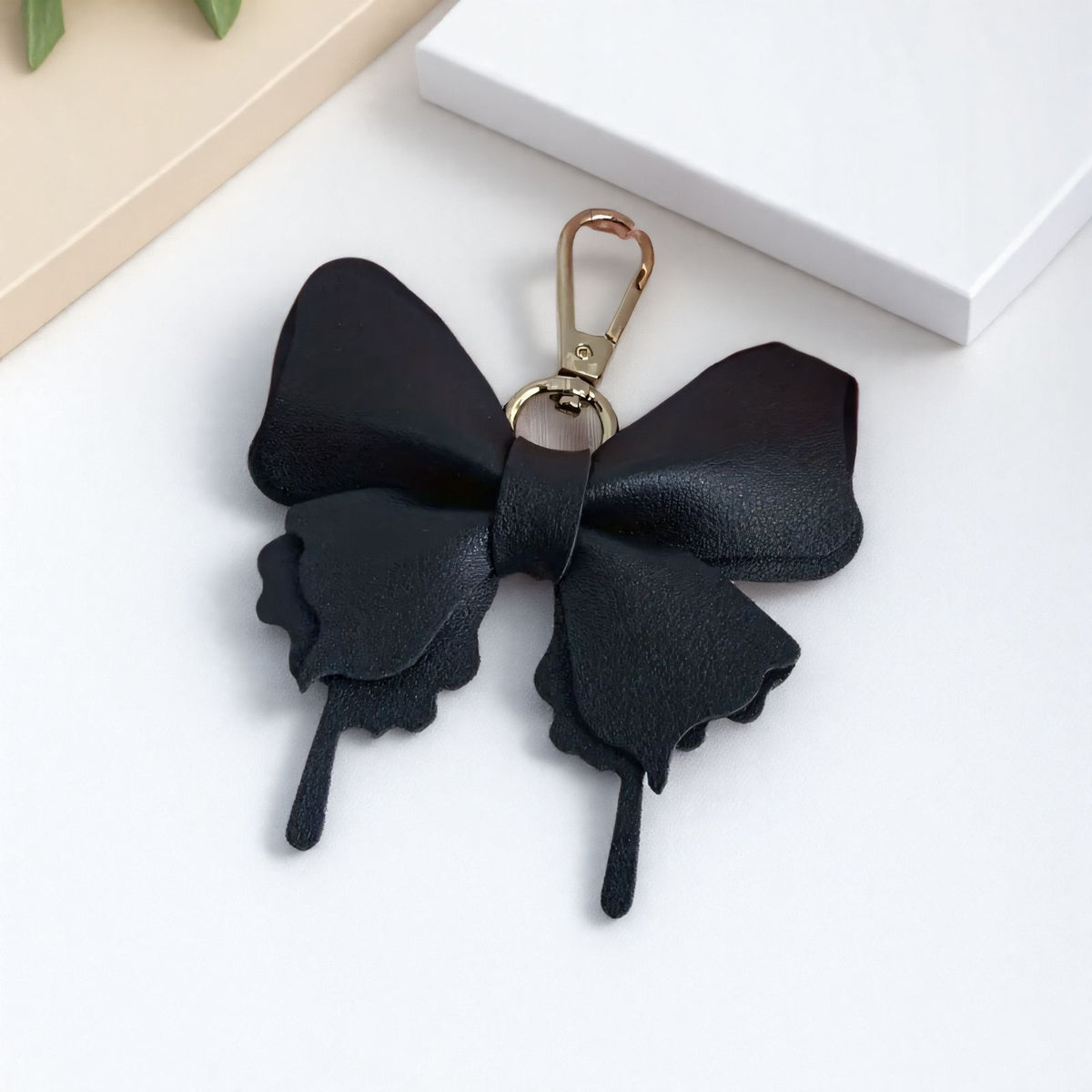 Layered Leather Butterfly Bag Charm - Black