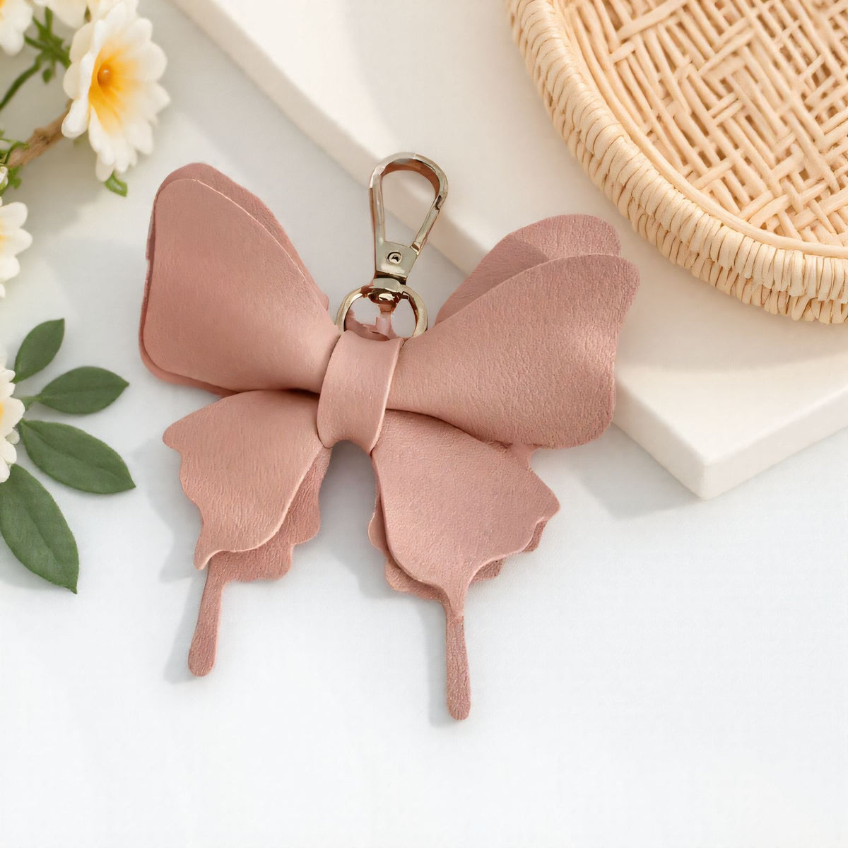 Layered Leather Butterfly Bag Charm - Pink