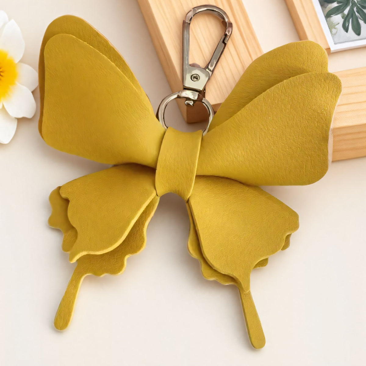 Layered Leather Butterfly Bag Charm - Yellow