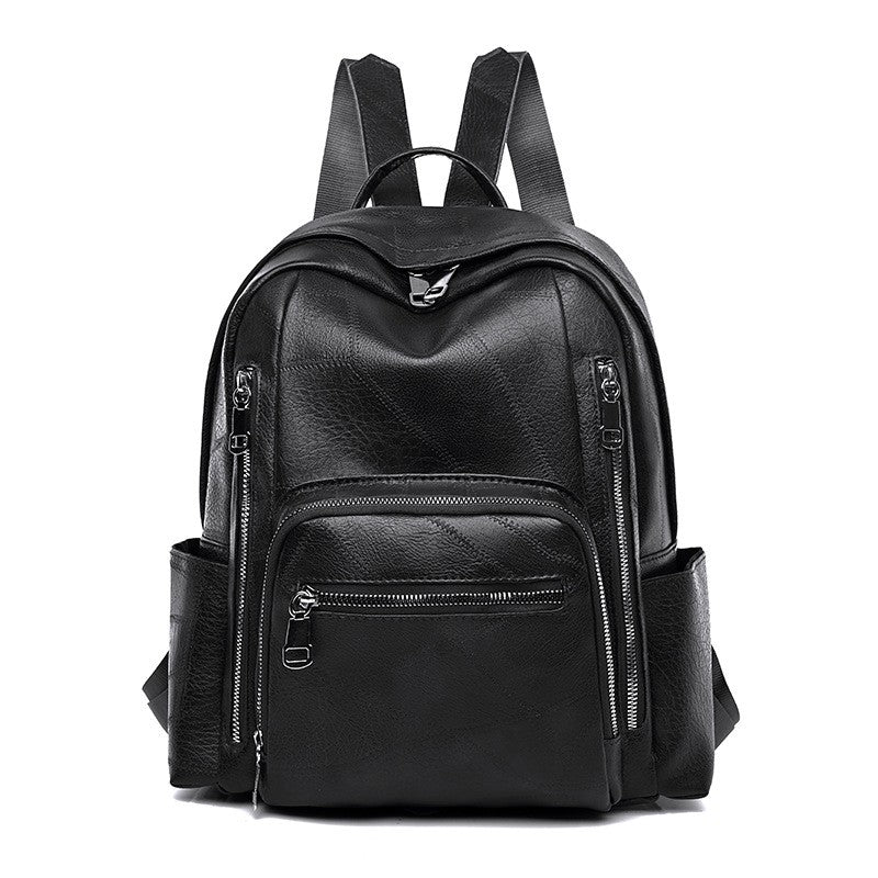 Multi-Pocket Faux Leather Zip Backpack - Black