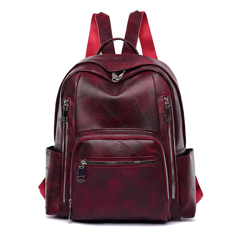 Multi-Pocket Faux Leather Zip Backpack - Burgundy