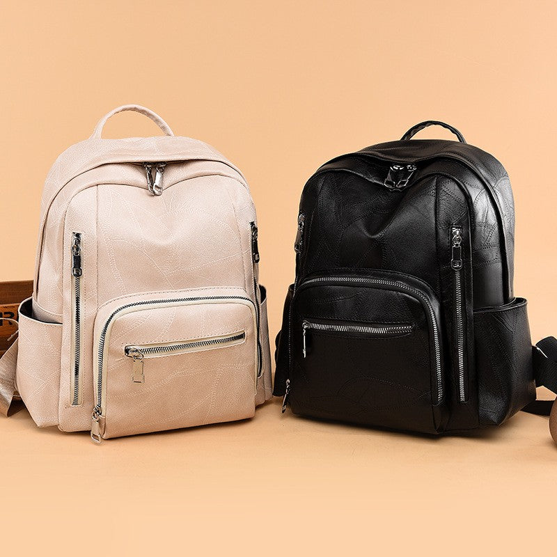 Multi-Pocket Faux Leather Zip Backpack