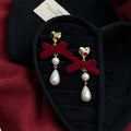 Velvet Bow Pearl Drop Earrings - Red-1
