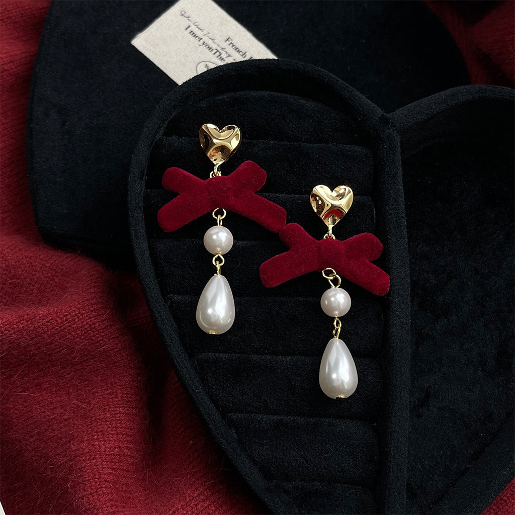 Velvet Bow Pearl Drop Earrings - Red-1