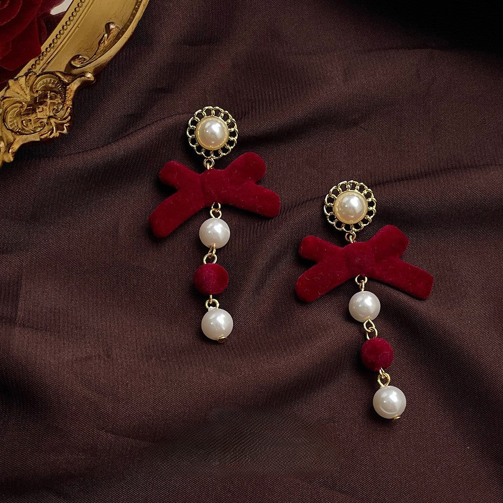 Velvet Bow Pearl Drop Earrings - Red-2