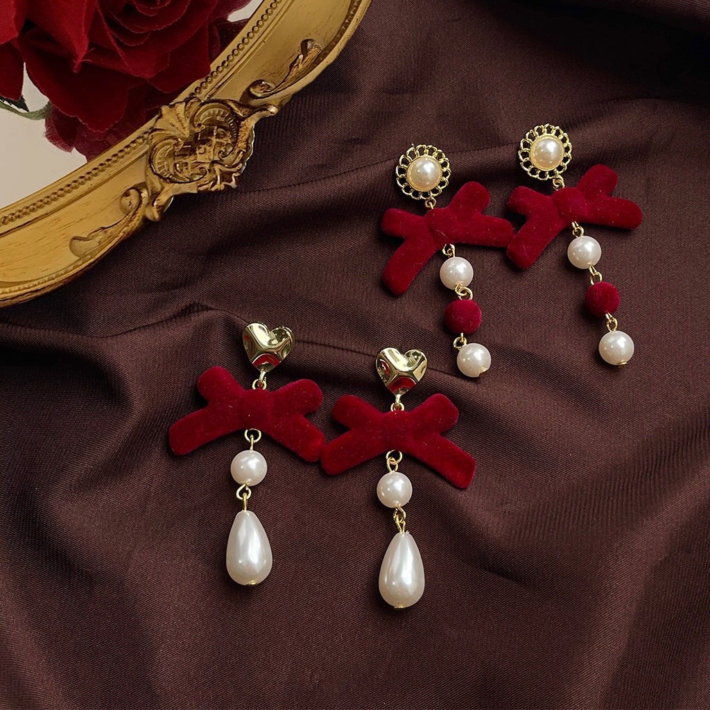 Velvet Bow Pearl Drop Earrings - Red-2 - 1