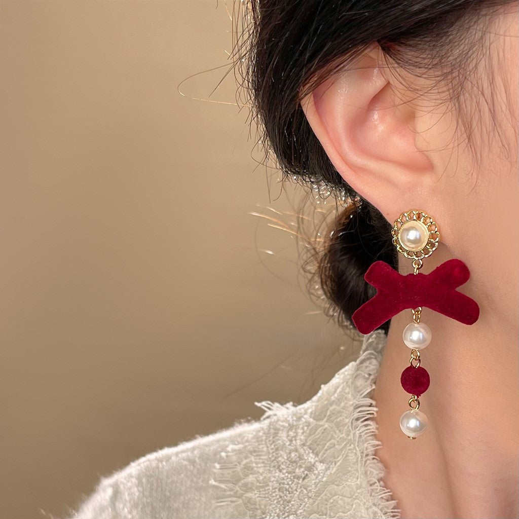 Velvet Bow Pearl Drop Earrings - view 1