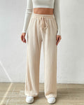 Ribbed Drawstring Wide Leg Pants - Wine-Red