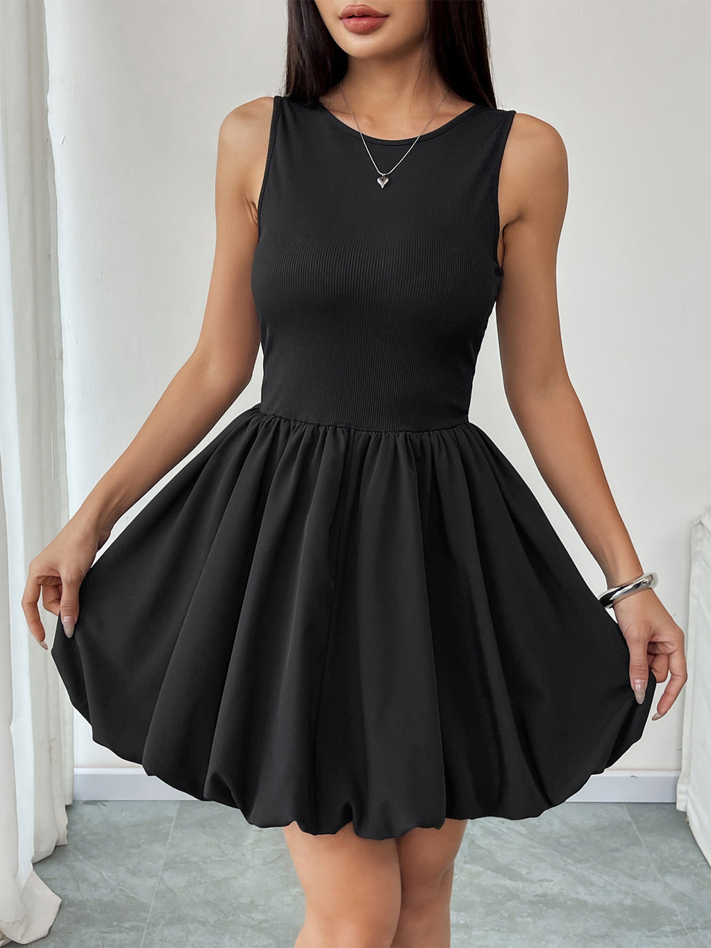 Scoop Back Ribbed Bubble Hem Mini Dress - Black