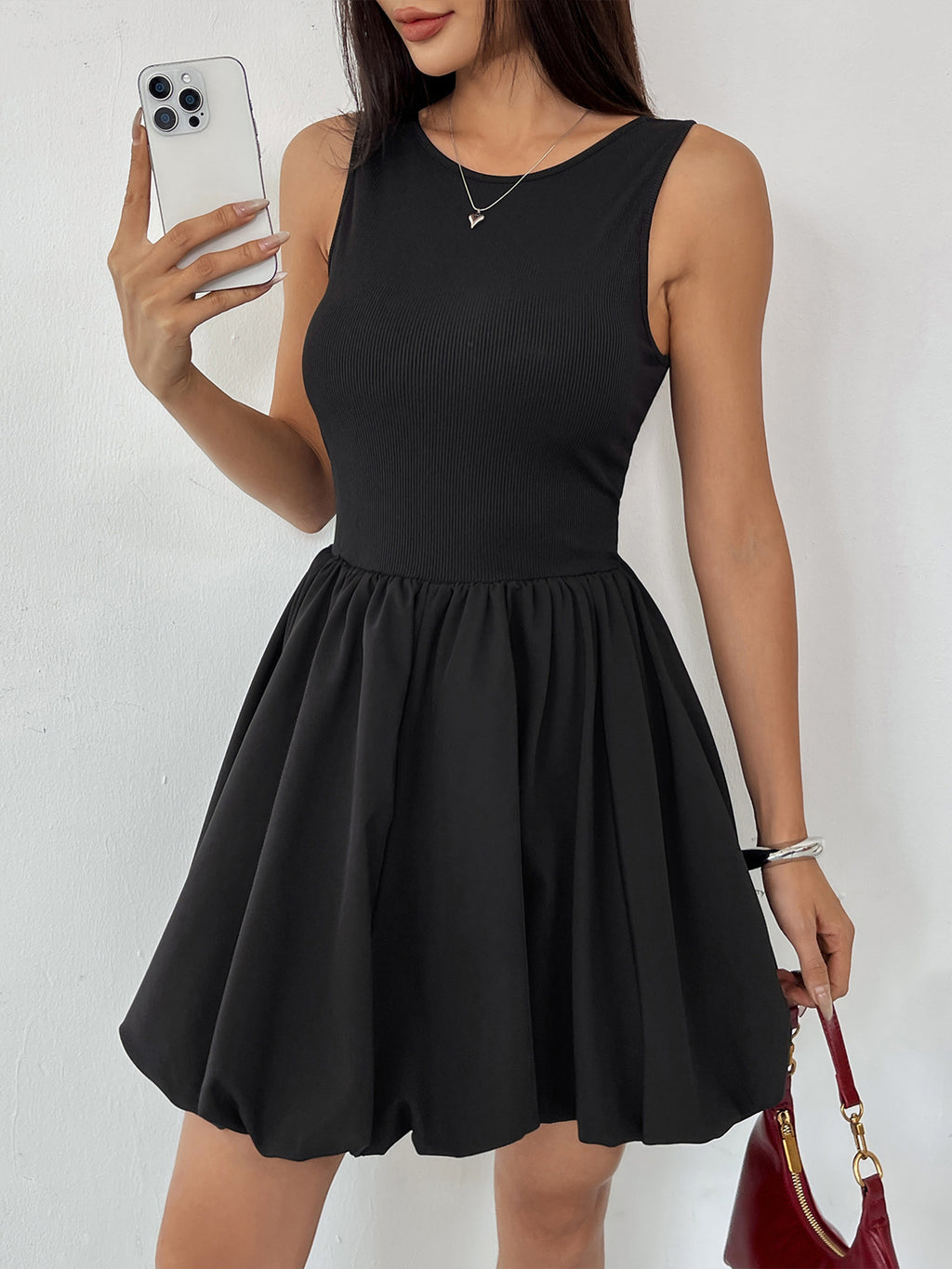 Scoop Back Ribbed Bubble Hem Mini Dress - Black - 1