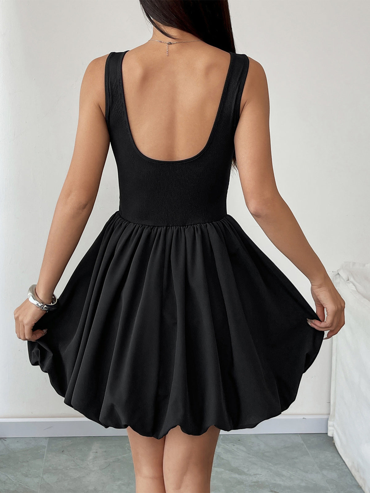 Scoop Back Ribbed Bubble Hem Mini Dress - Black - 2