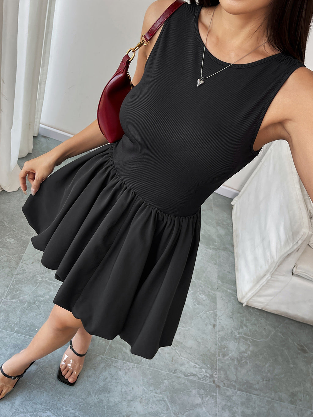 Scoop Back Ribbed Bubble Hem Mini Dress - view 1