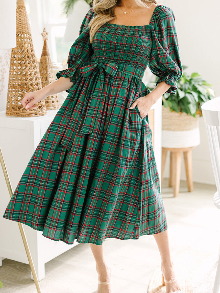 Plaid Smocked Square Neck Midi Dress - Green