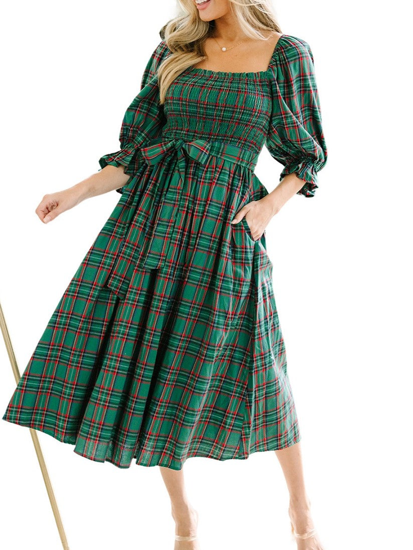 Plaid Smocked Square Neck Midi Dress - Green - 1