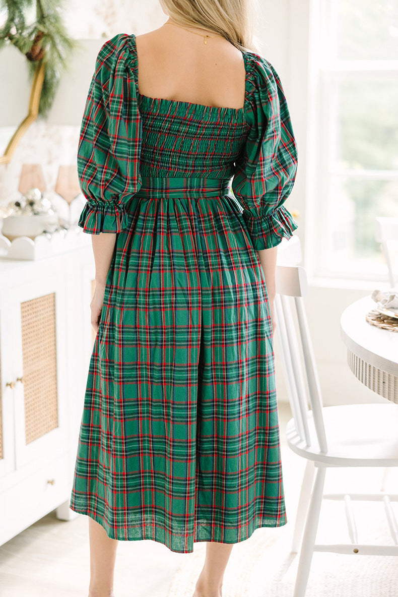 Plaid Smocked Square Neck Midi Dress - Green - 3