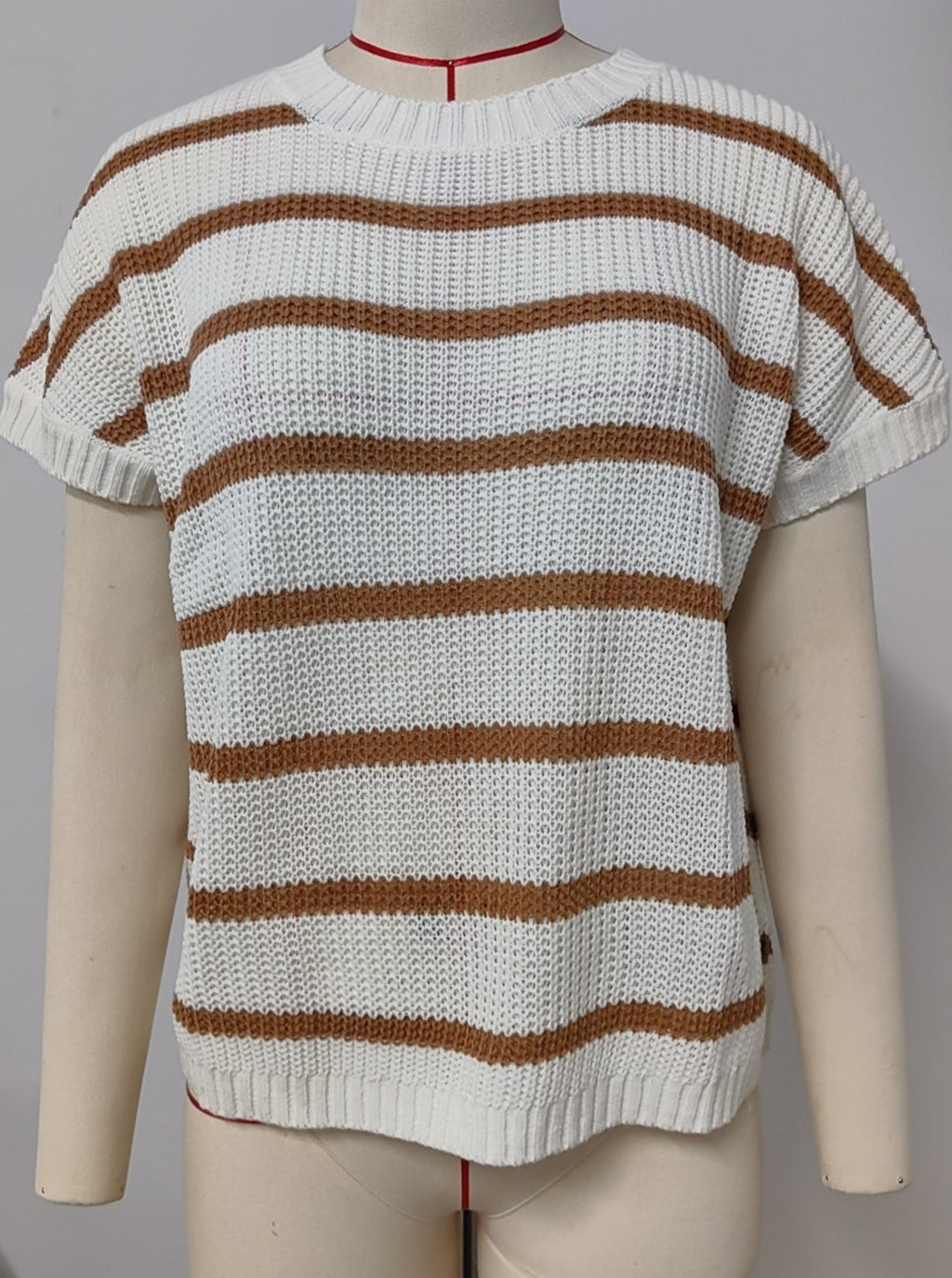 Striped Drop Shoulder Short Sleeve Sweater - Khaki
