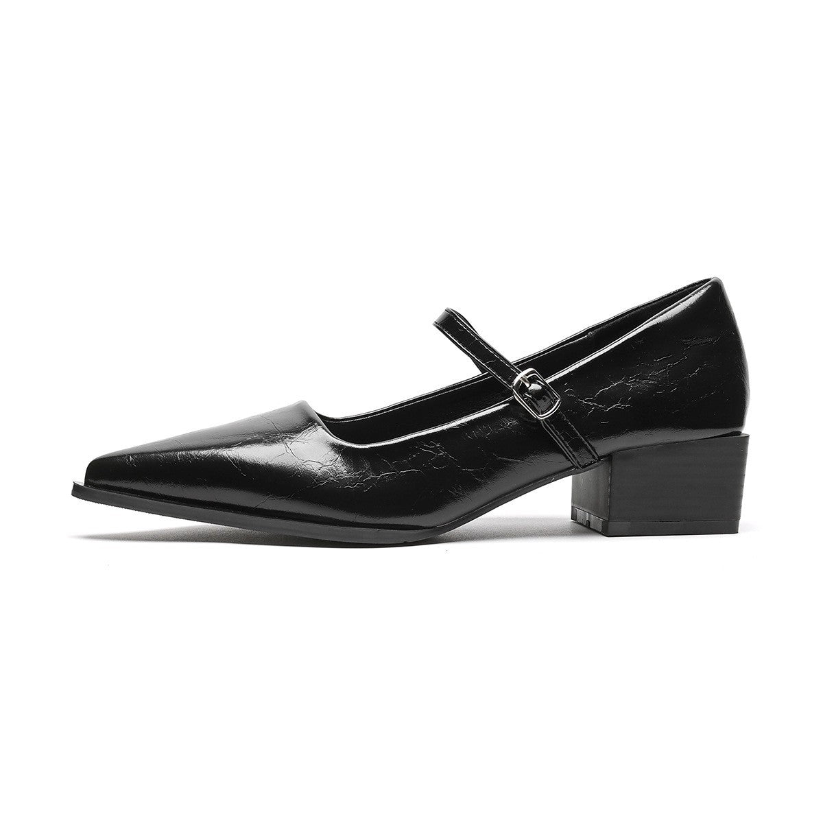 Pointed Toe Mary Jane Block Heel Pumps - Black