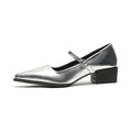 Pointed Toe Mary Jane Block Heel Pumps - Silver