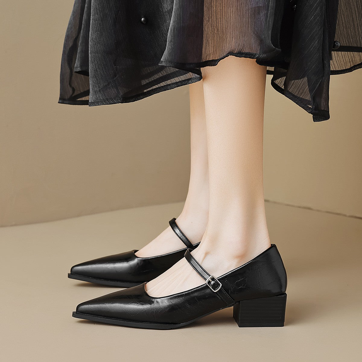 Pointed Toe Mary Jane Block Heel Pumps