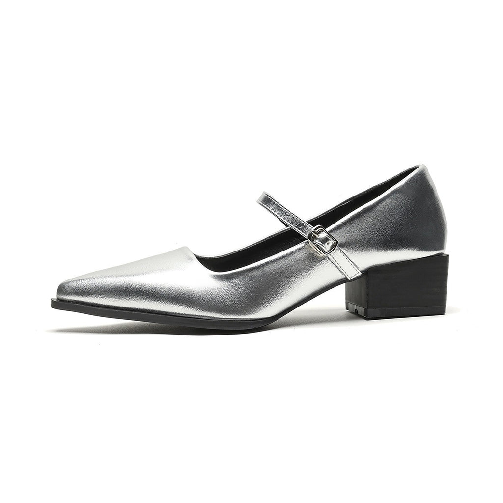 Pointed Toe Mary Jane Block Heel Pumps