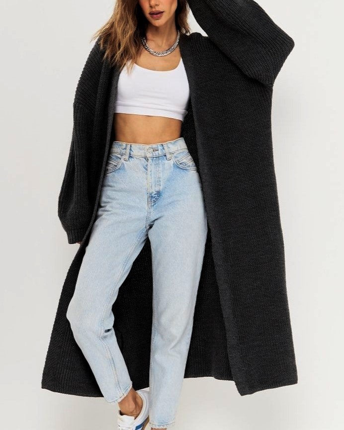 Slouchy Ribbed Maxi Open Cardigan - Black