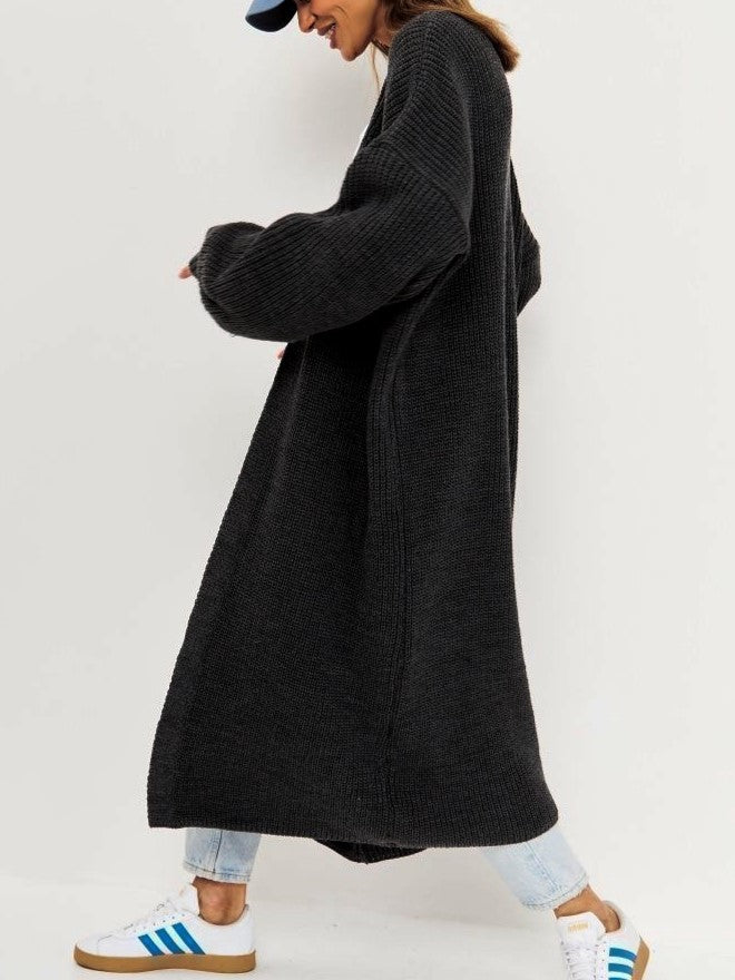 Slouchy Ribbed Maxi Open Cardigan - Black - 2