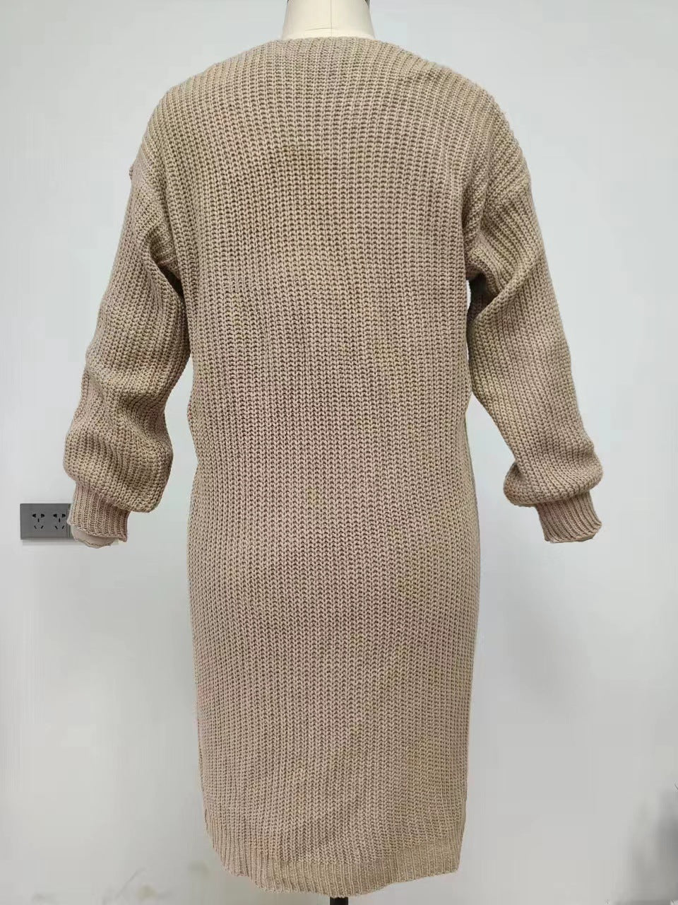 Slouchy Ribbed Maxi Open Cardigan - Khaki - 1