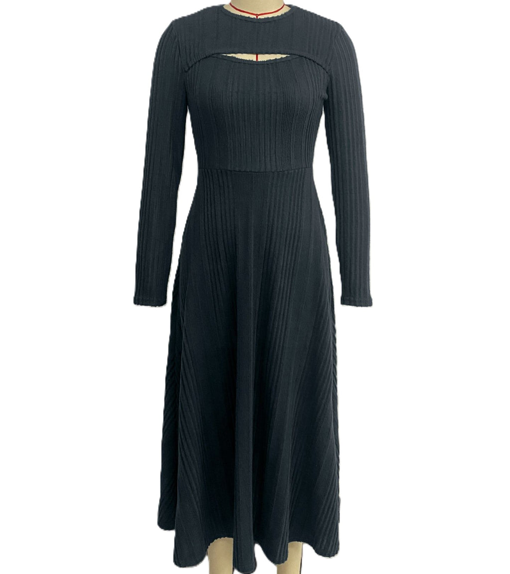 Cutout Ribbed Knit Fit and Flare Midi Dress - Darkgrey