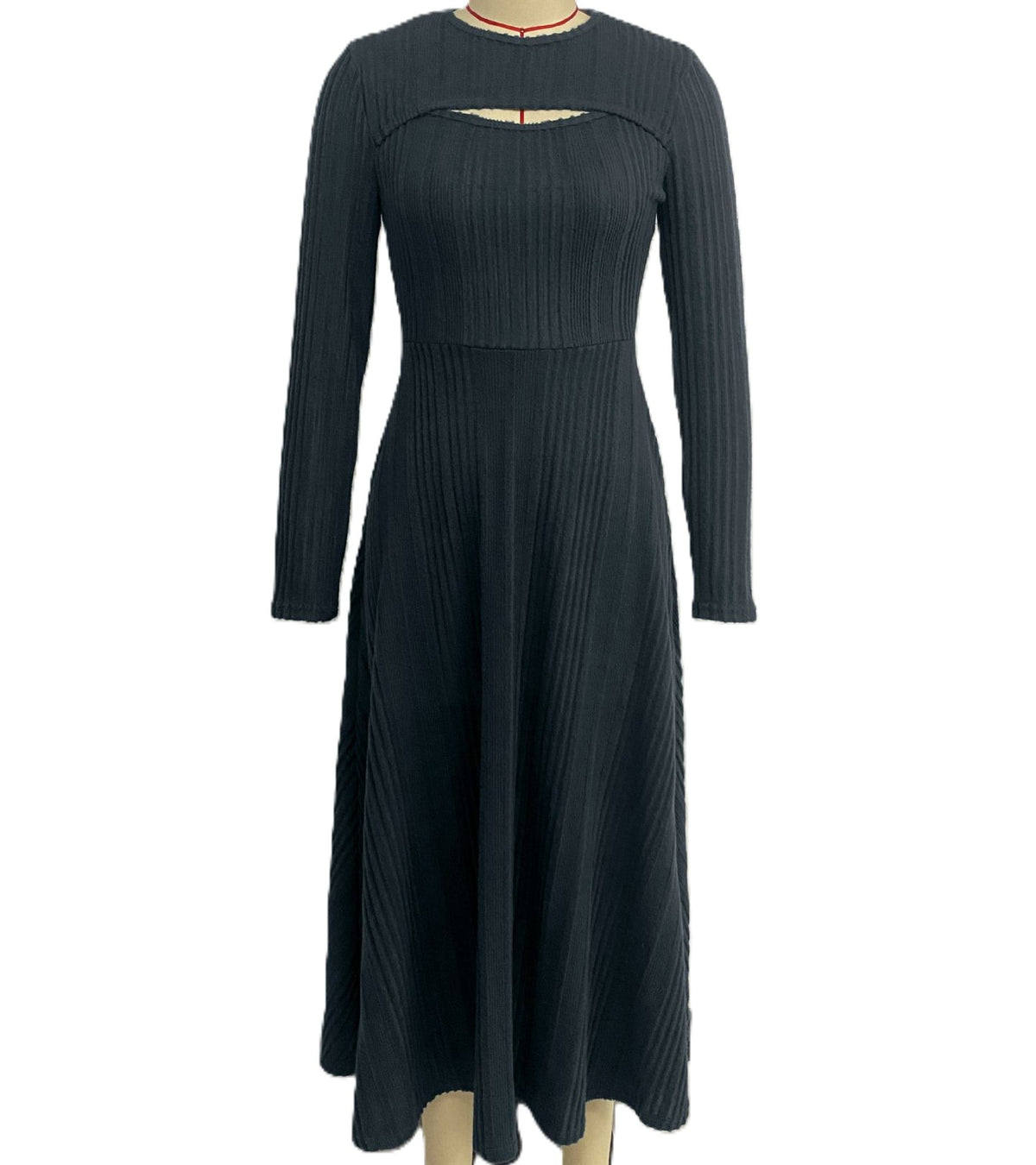 Cutout Ribbed Knit Fit and Flare Midi Dress - Darkgrey