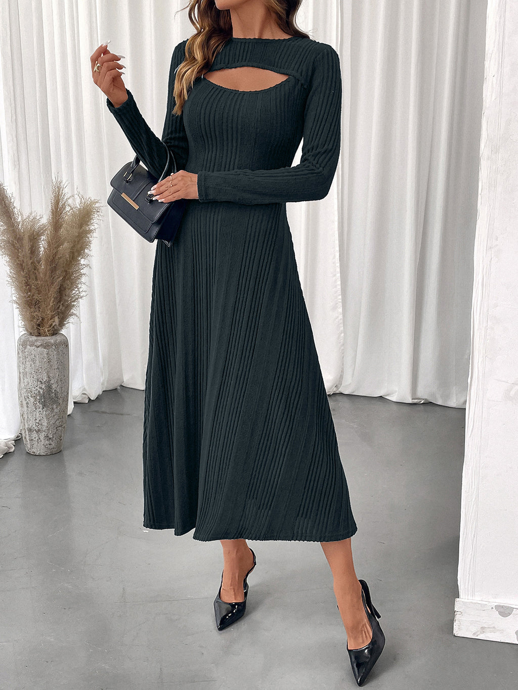 Cutout Ribbed Knit Fit and Flare Midi Dress - Darkgrey - 2