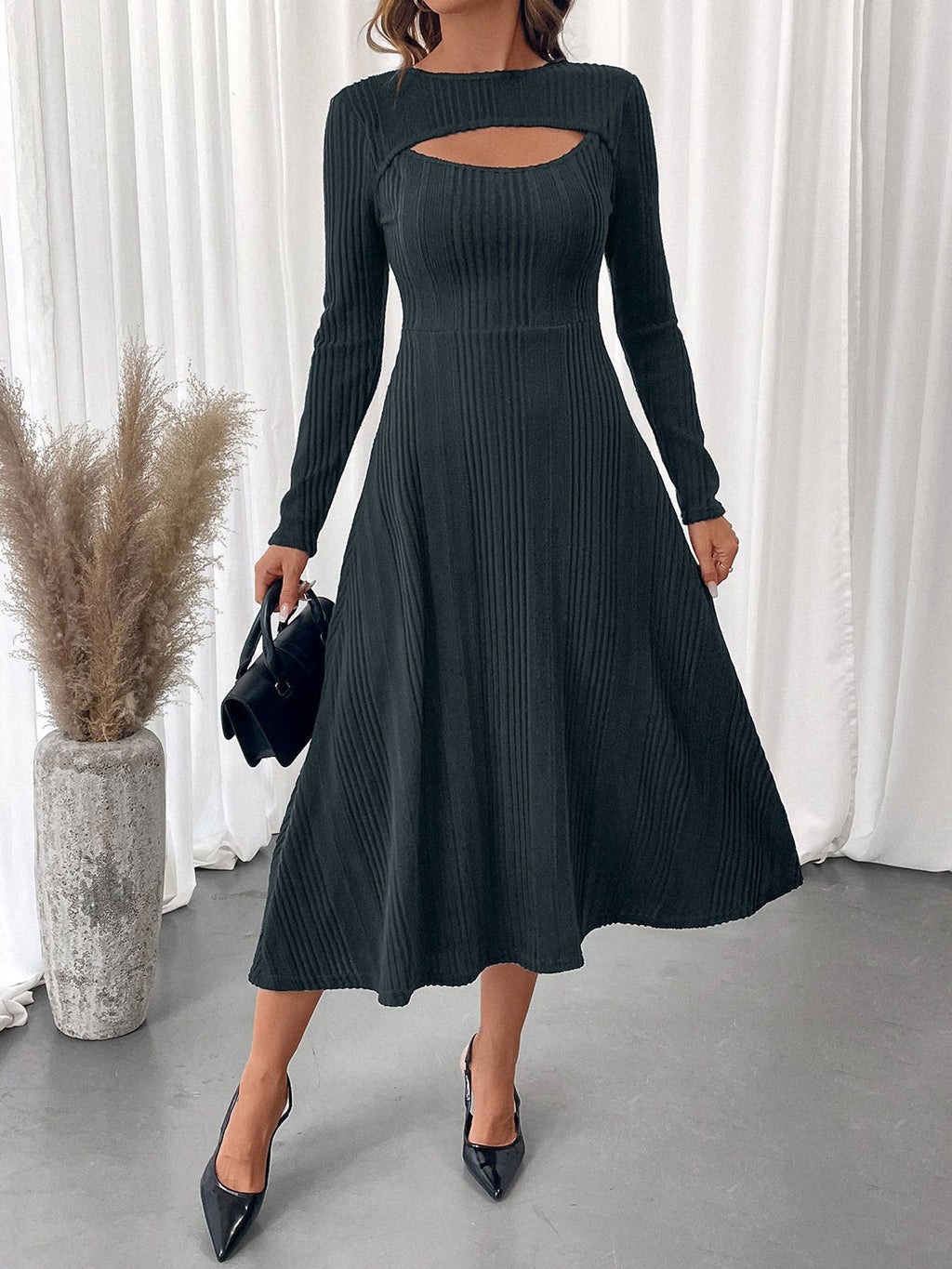 Cutout Ribbed Knit Fit and Flare Midi Dress