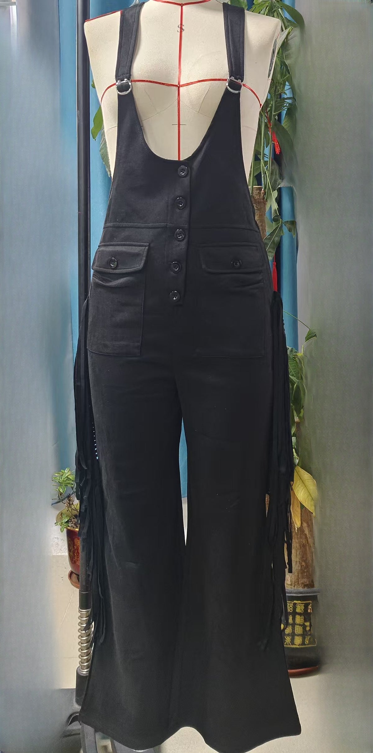 Western Suede Wide Leg Overall Jumpsuit - Black