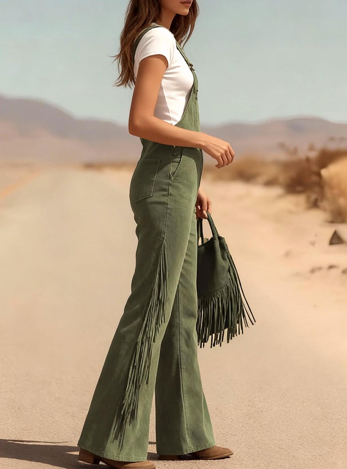 Western Suede Wide Leg Overall Jumpsuit - Green - 2